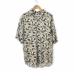 Vintage 90s GOOUCH 100% Silk Shirt Small Domino Print Funky Maximalist AOP